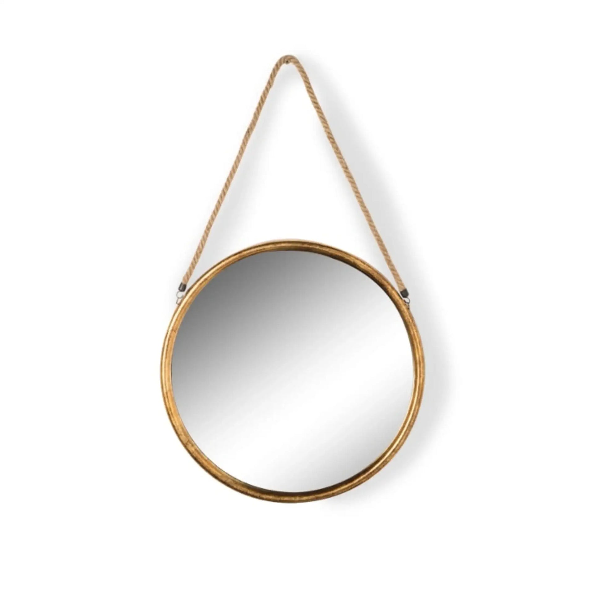 Round mirror with gold frame and rope hanging on a white background