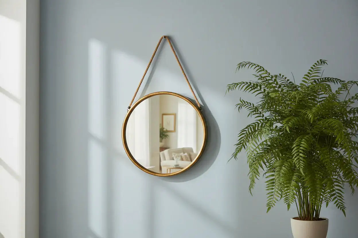 Round mirror with a gold frame hanging on a gray wall next to a potted fern.