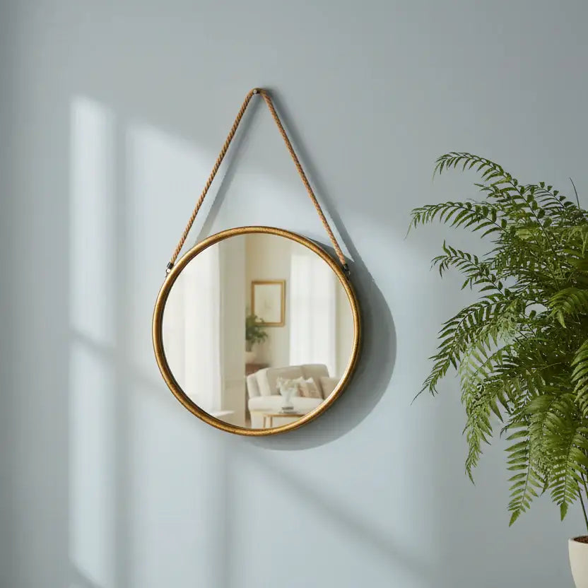 Round wall mirror with a rope hanging on a light blue wall next to a potted plant.