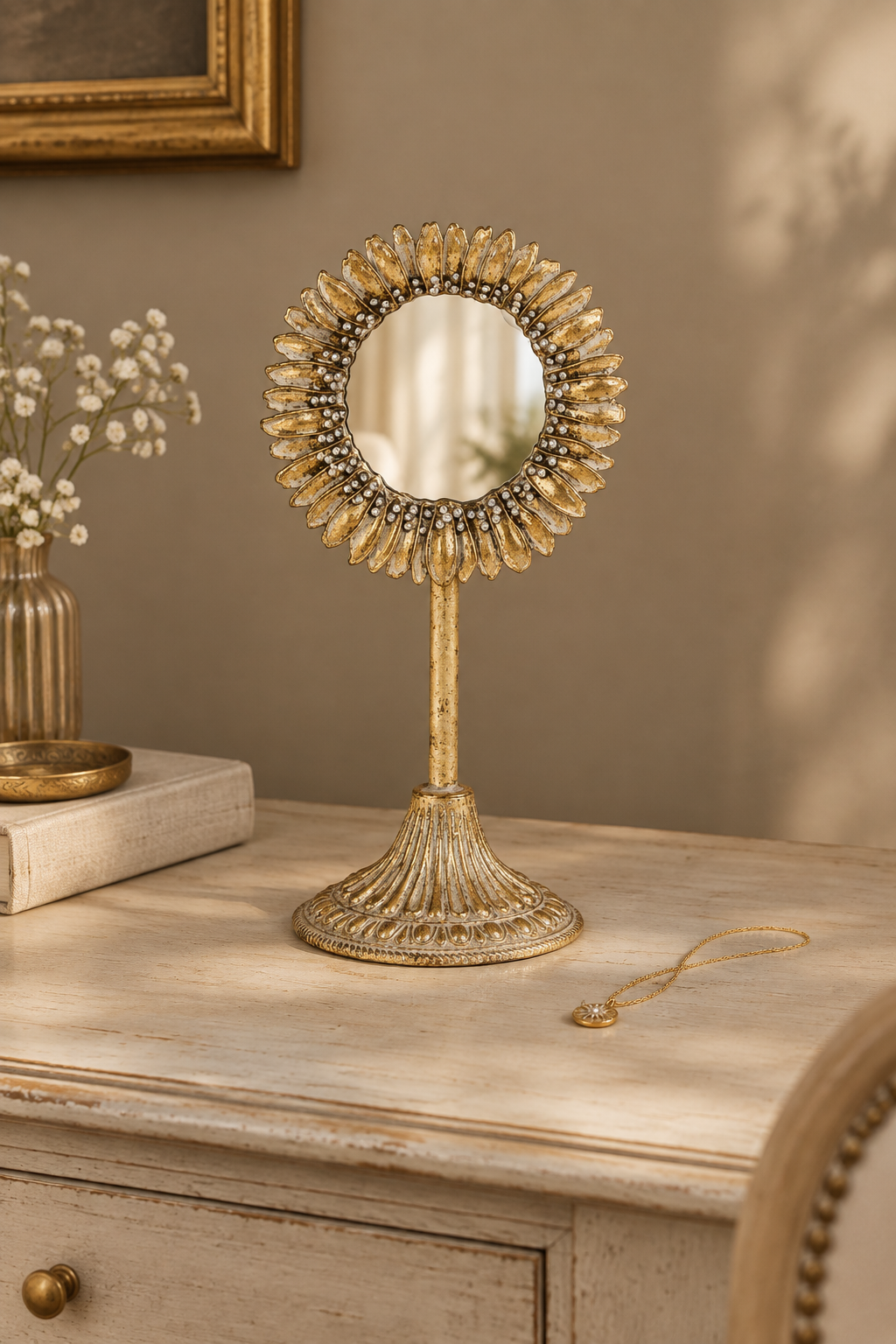 A decorative tabletop mirror with a sunburst frame and fluted pedestal base, styled on a distressed cream dresser against a warm taupe wall.