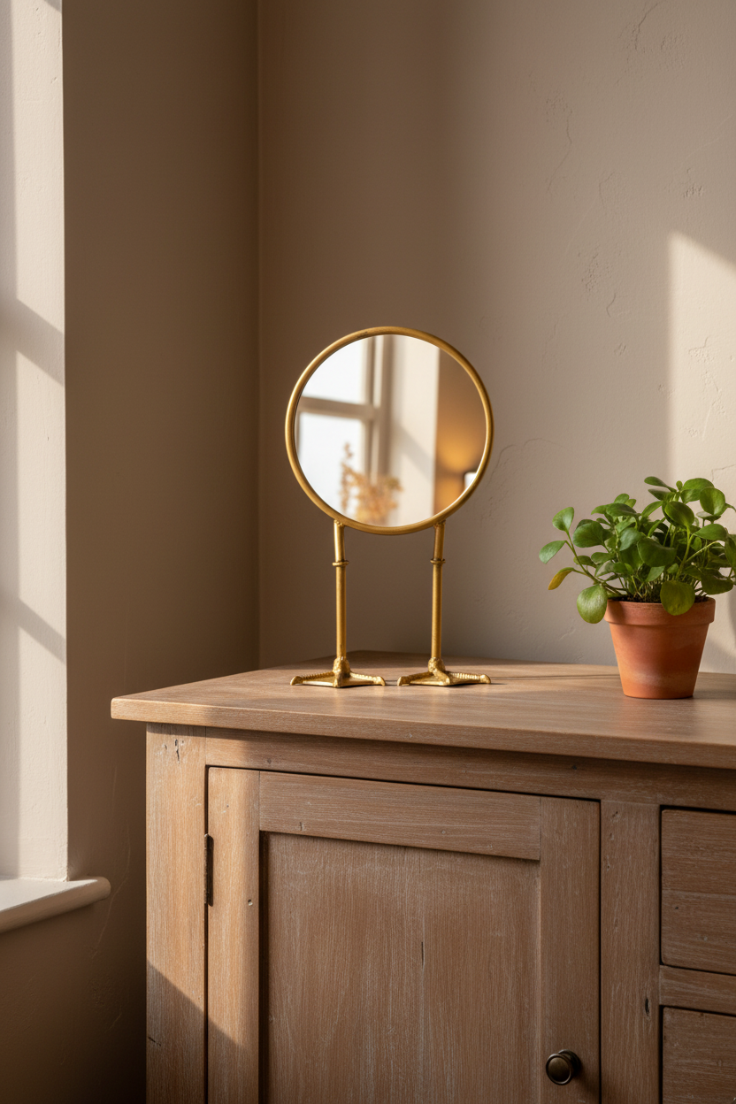 Gold vanity mirror on a wooden dresser with a plant in the background