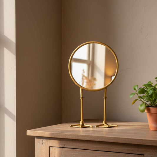 Gold vanity mirror on a wooden surface with a plant in the background