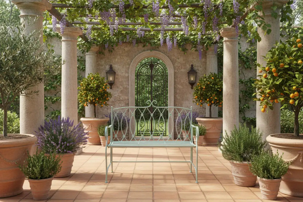 Garden setting with a bench, potted plants, and a stone archway.