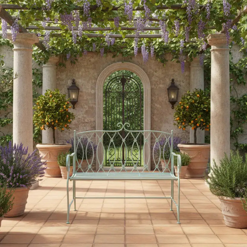 Decorative garden bench under a wisteria-covered pergola with potted plants and columns.