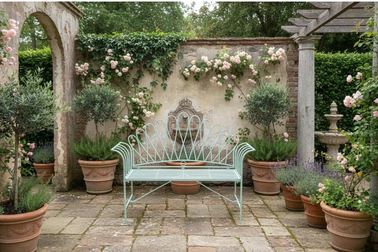 Decorative garden bench in a lush, floral setting with potted plants and a stone wall.