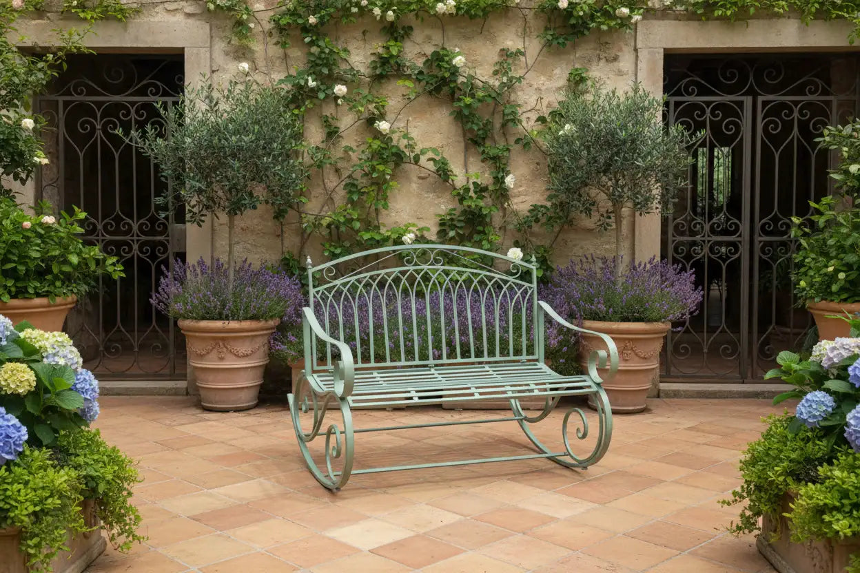 Decorative garden bench with potted plants in a stone-walled garden.