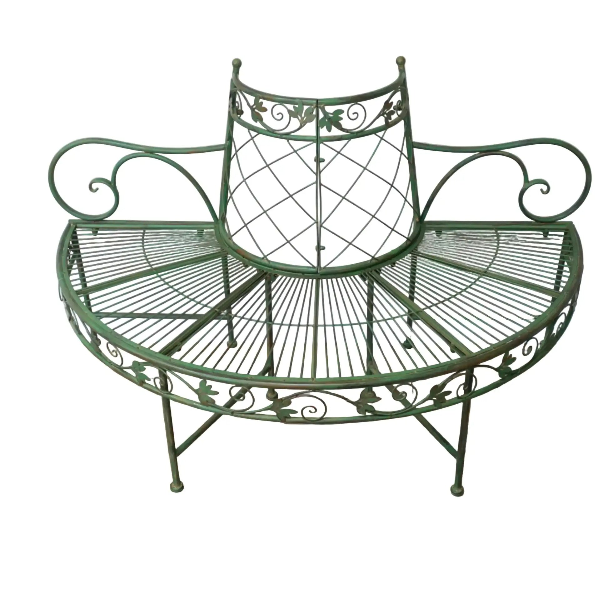 Decorative green metal bench on a wooden floor with a white wall background