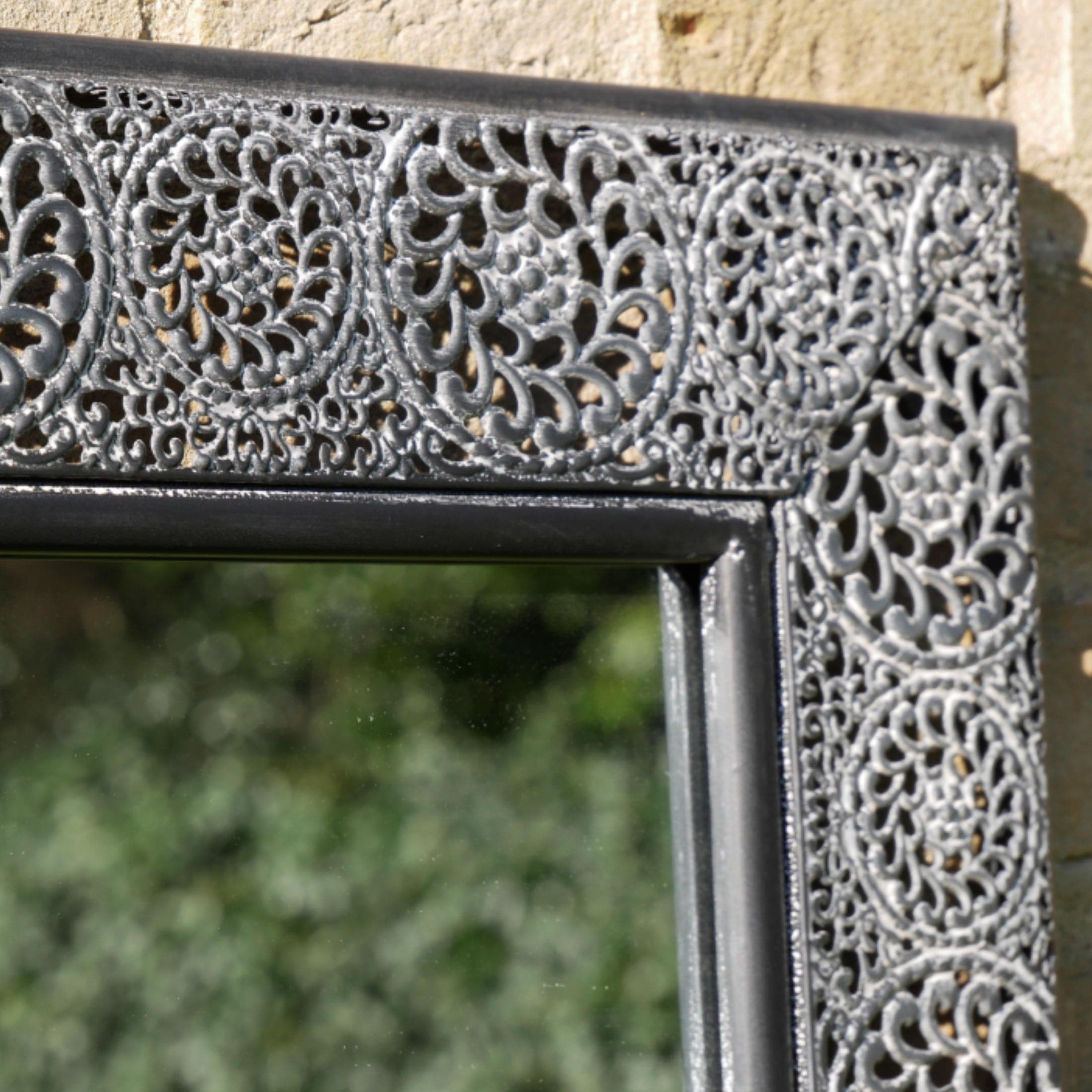 Distressed Grey Filigree Rectangular Outdoor Garden Wall Mirror
