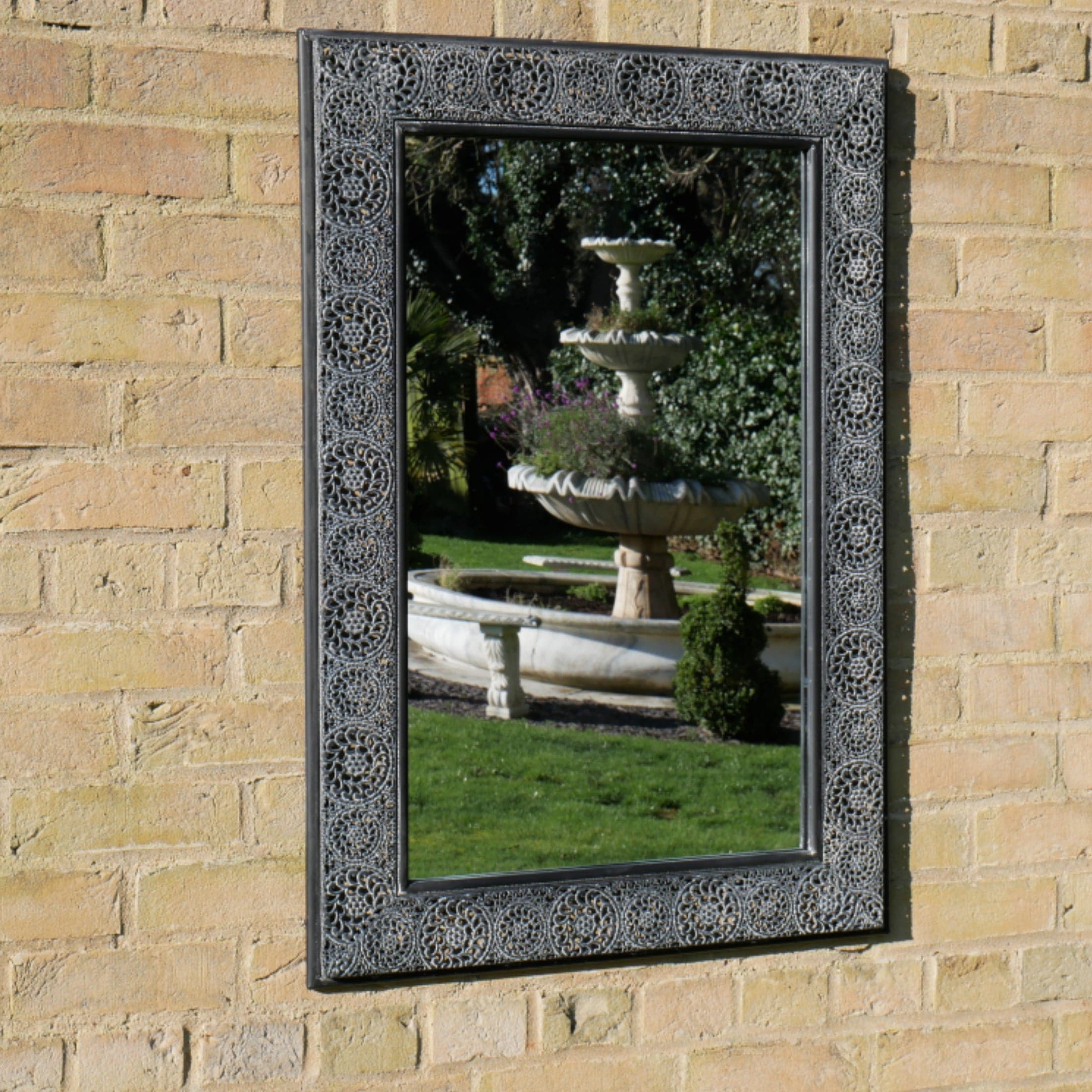Distressed Grey Filigree Rectangular Outdoor Garden Wall Mirror 1