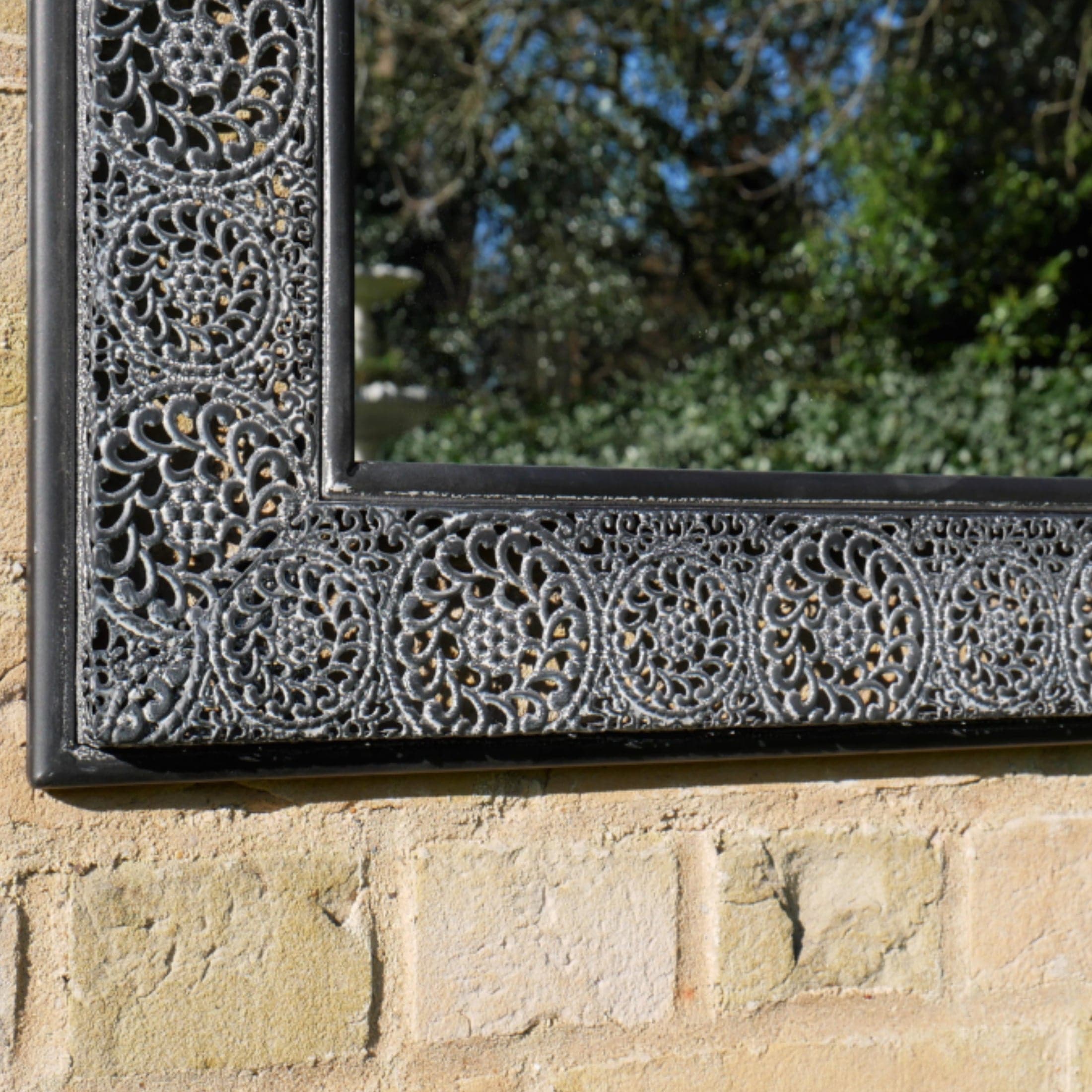 Distressed Grey Filigree Rectangular Outdoor Garden Wall Mirror 4