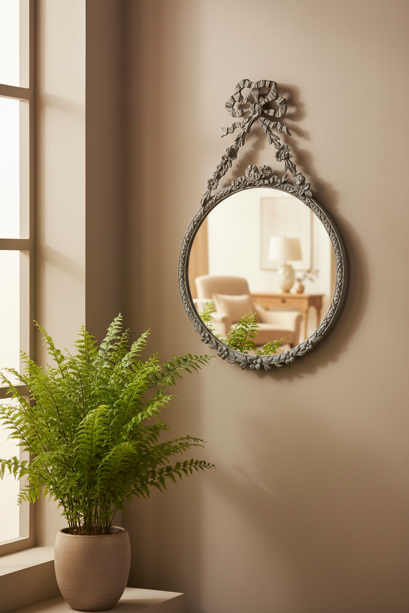 Decorative mirror with floral design on a beige wall next to a potted plant.