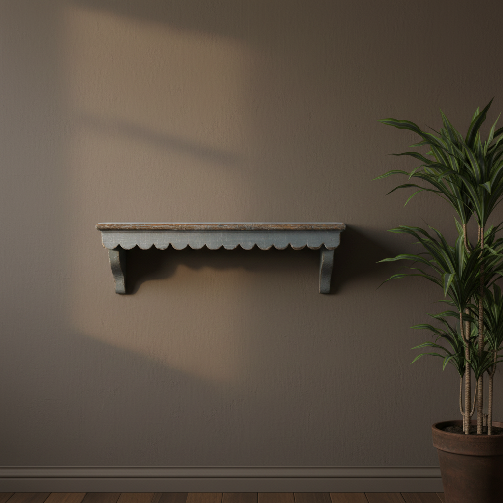 Wooden shelf on a plain wall with a plant to the right