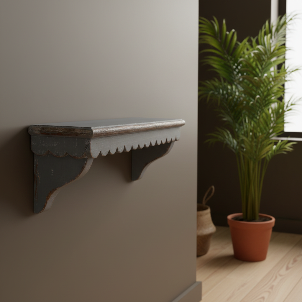 Decorative shelf on a wall next to a potted plant in a room.