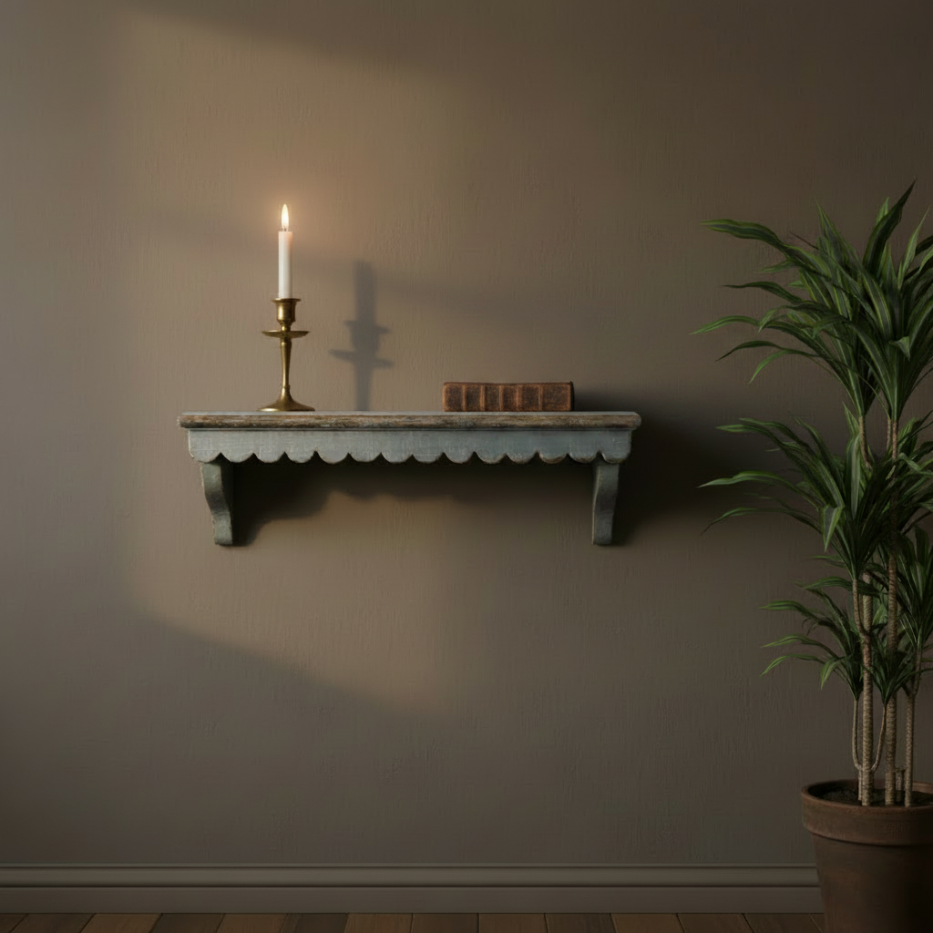 Wall shelf with candle and books against a plain wall, next to a potted plant.