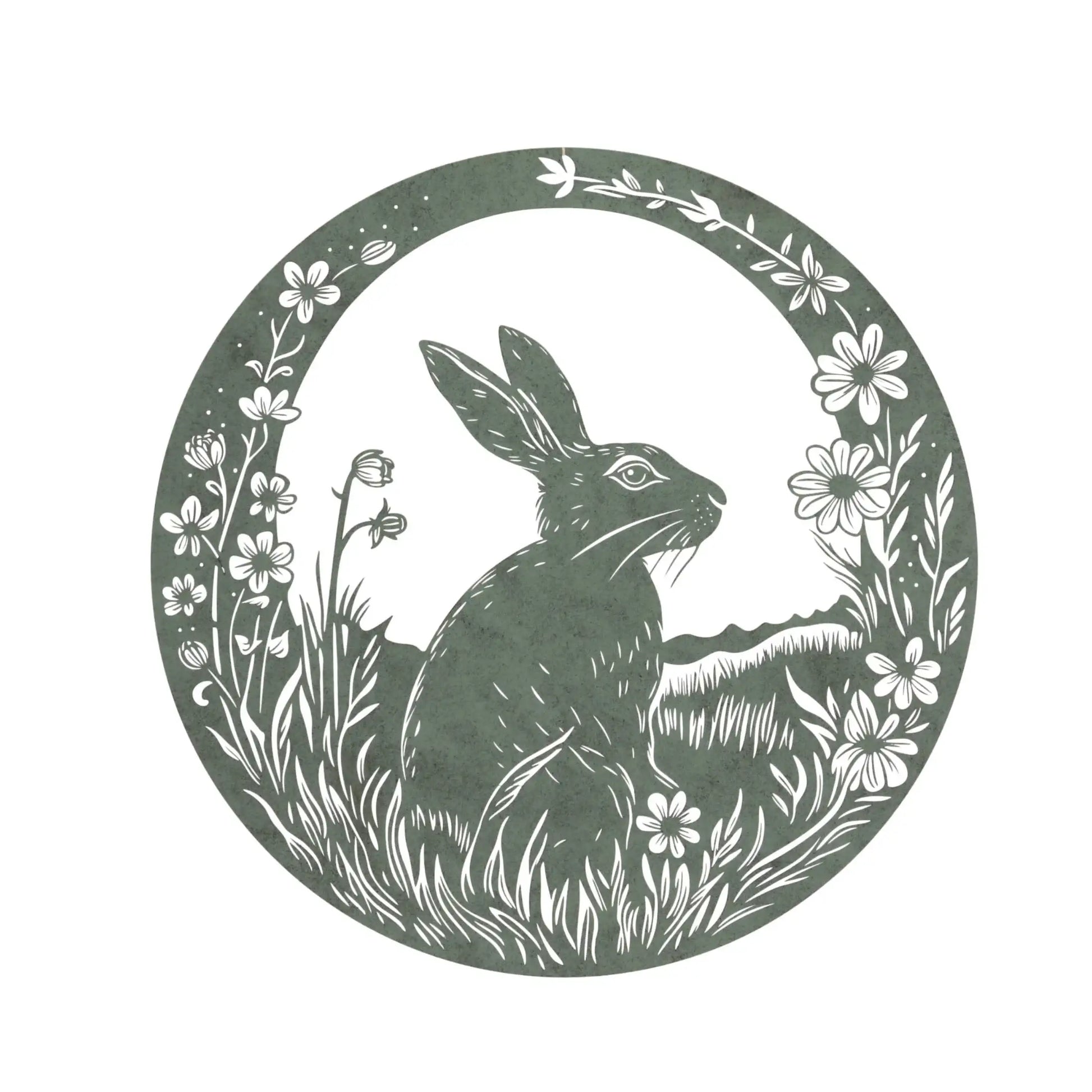 Silhouette of a rabbit surrounded by flowers in a circular frame on a white background