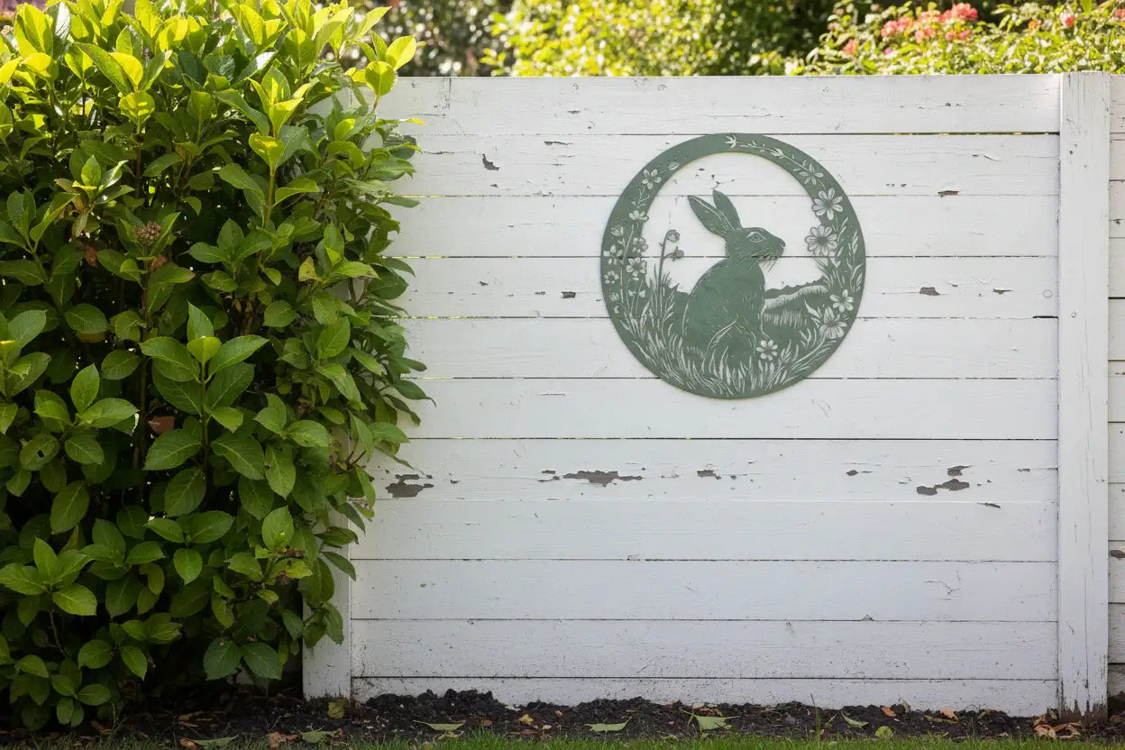 White wooden gate with a green circular design featuring a rabbit, surrounded by greenery.