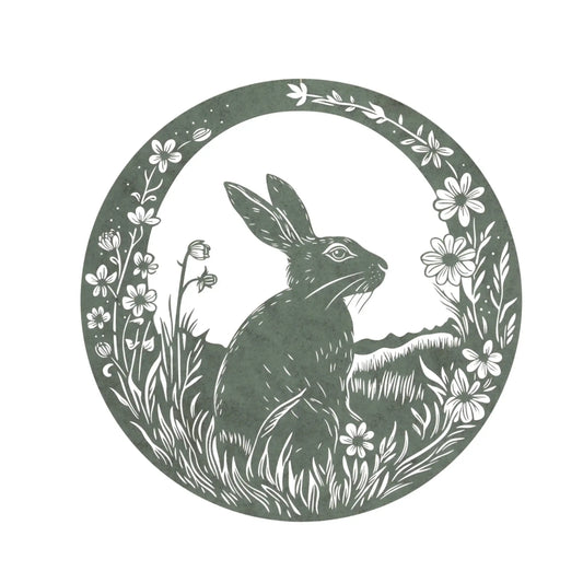 Silhouette of a rabbit surrounded by flowers in a circular frame on a white background