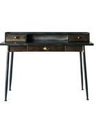 Black desk with drawers on a white wooden floor and light gray wall