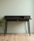 Dark wooden desk with brass accents against a light green wall.