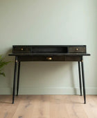 Black desk with gold accents against a light green wall
