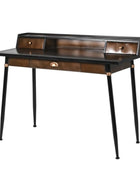 Wooden desk with black metal legs on a white background