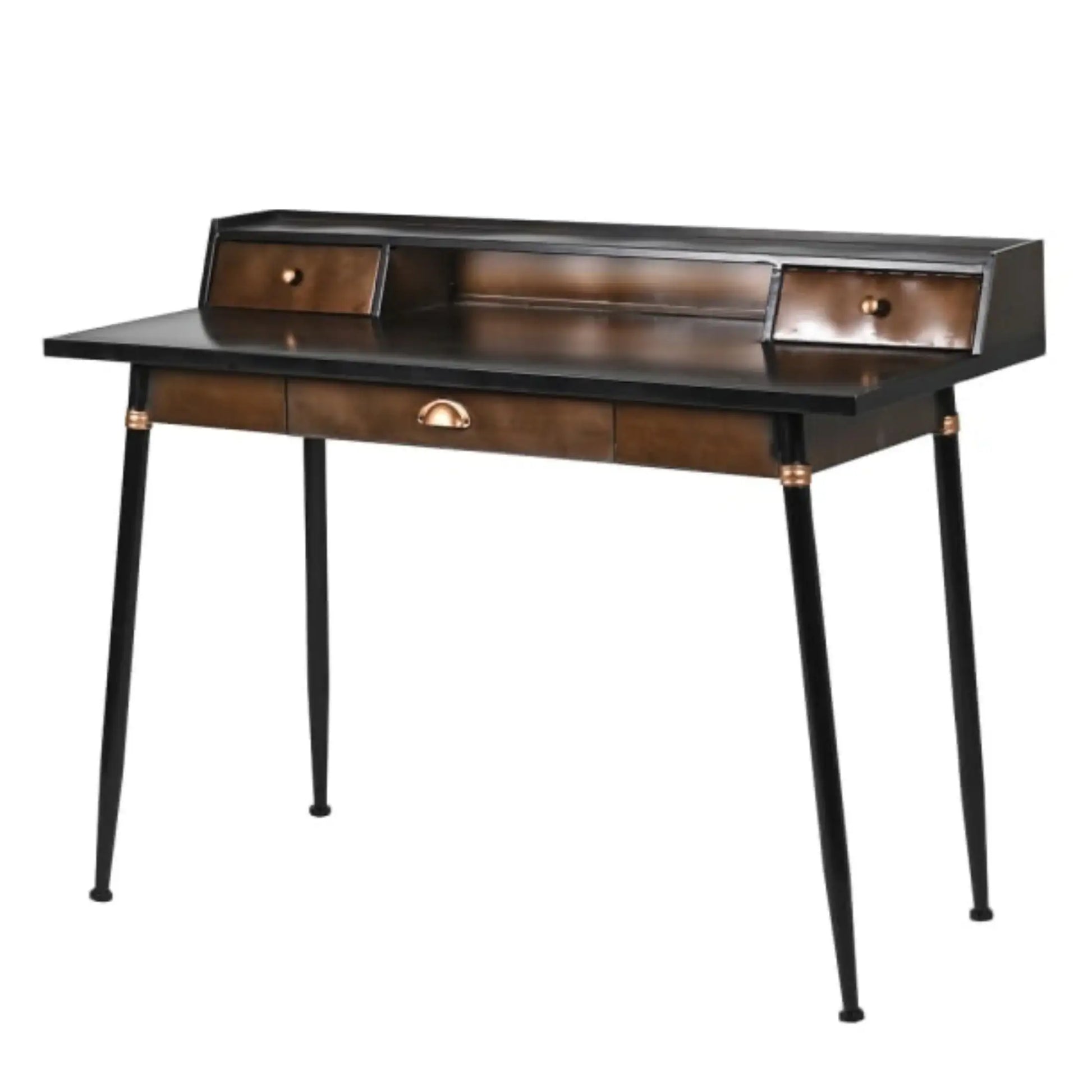 Wooden desk with black metal legs on a white background