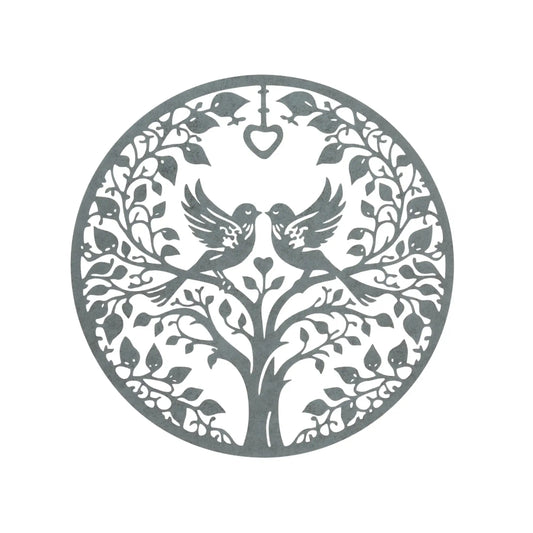 Decorative circular design with two birds, leaves, and a heart on a white background