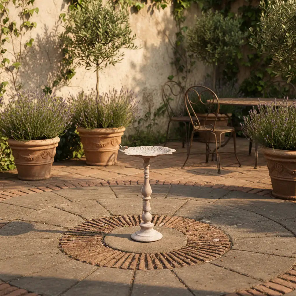 Outdoor patio with a small table, chairs, and potted plants.