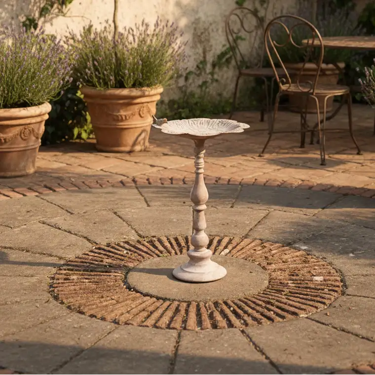 Decorative white pedestal table on a stone patio with potted plants and outdoor furniture in the background.