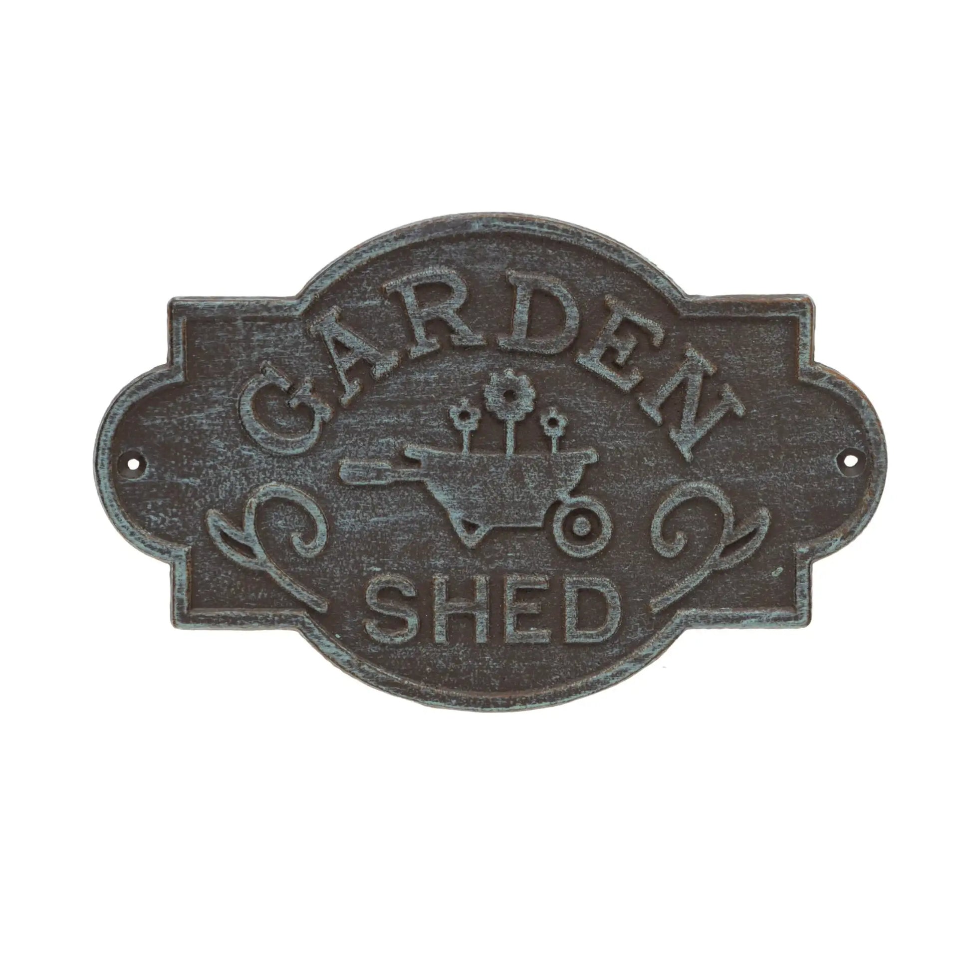 Decorative metal sign with 'Garden Shed' text and a wheelbarrow illustration on a white background.