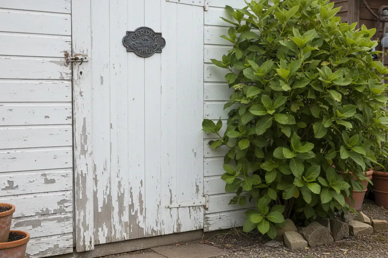 Green bush in front of a white wooden shed with peeling paint