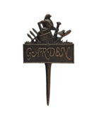 Decorative garden stake with tools and a bird on top, featuring the word 'GARDEN'.