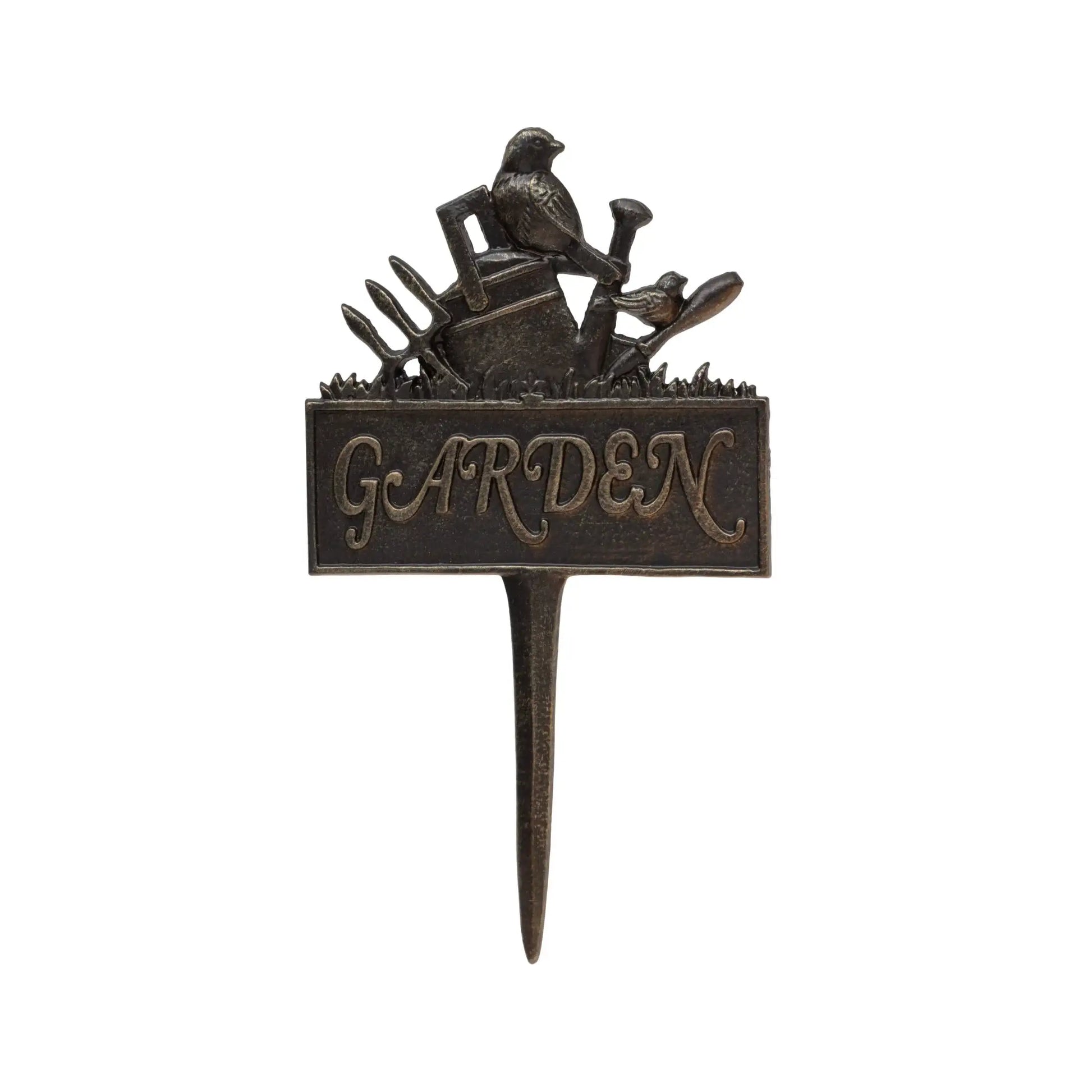 Decorative garden stake with tools and a bird on top, featuring the word 'GARDEN'.