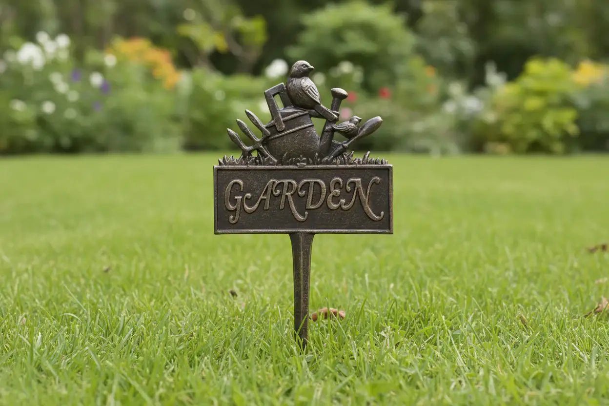 Decorative garden stake with a bird and tool design on a grassy background