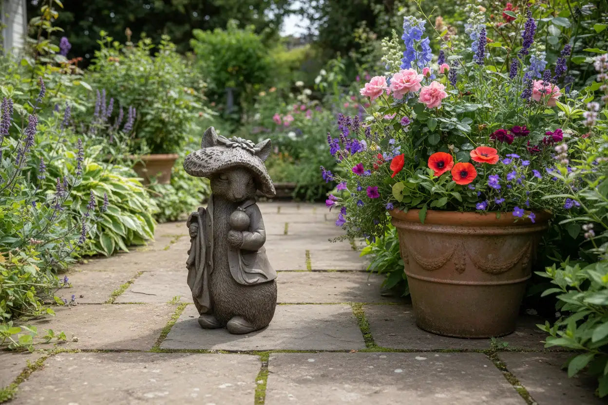 Gnome statue in a garden with flowers and plants