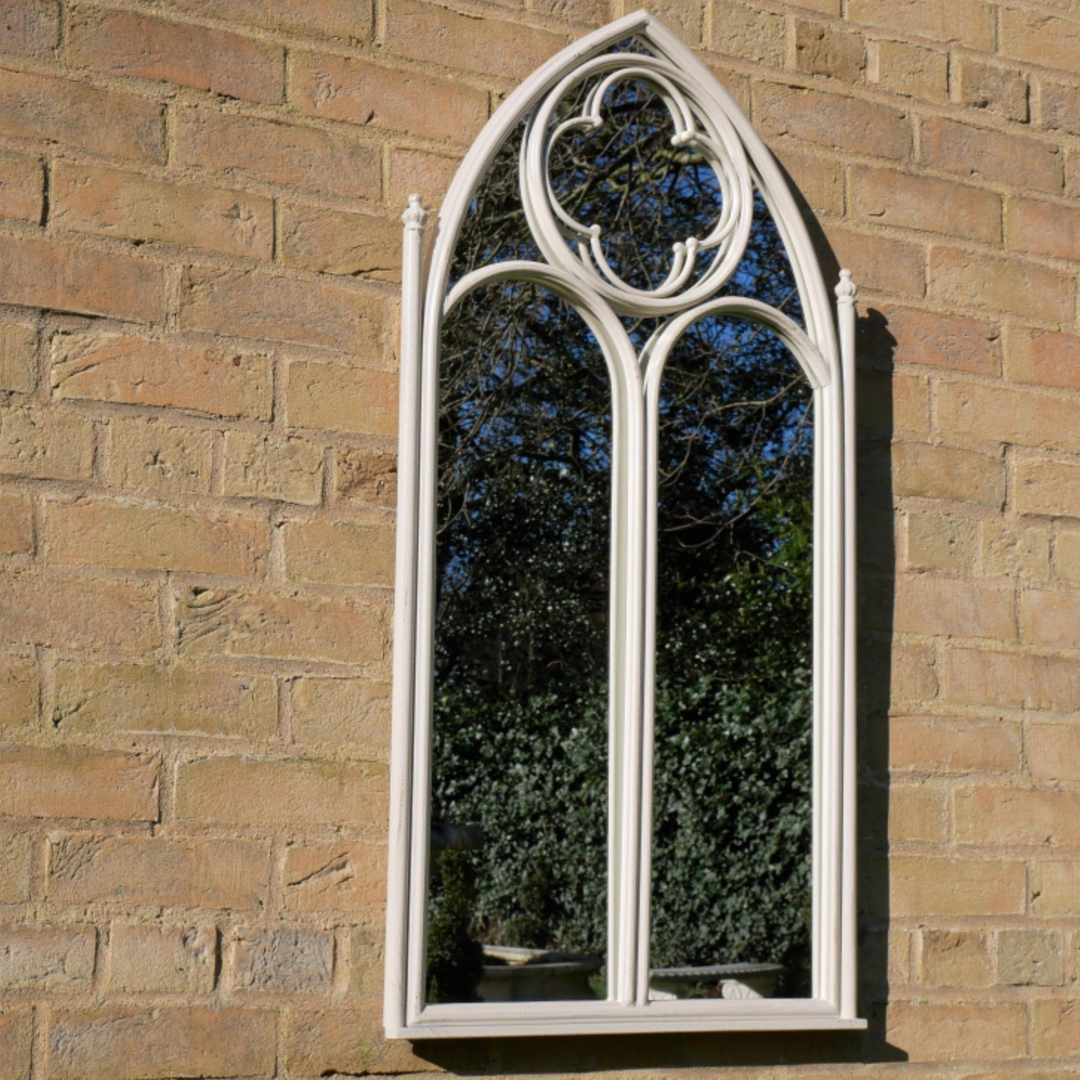 Distressed Off White Gothic Window Inspired Outdoor Garden Wall Mirror