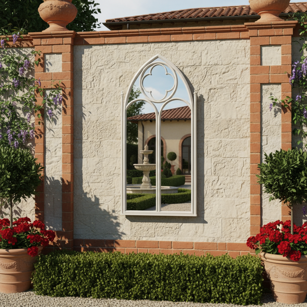 Distressed Off White Gothic Window Outdoor Garden Mirror