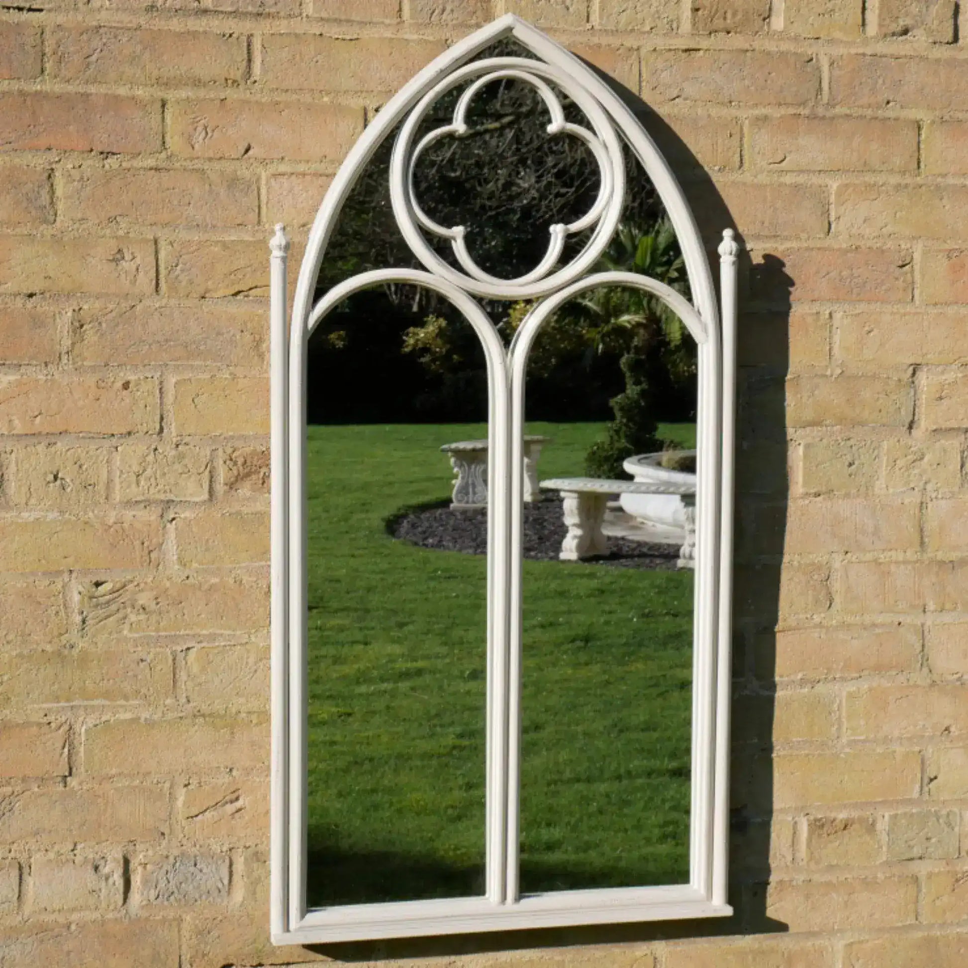 Distressed Off White Gothic Window Inspired Outdoor Garden Wall Mirror - The Farthing