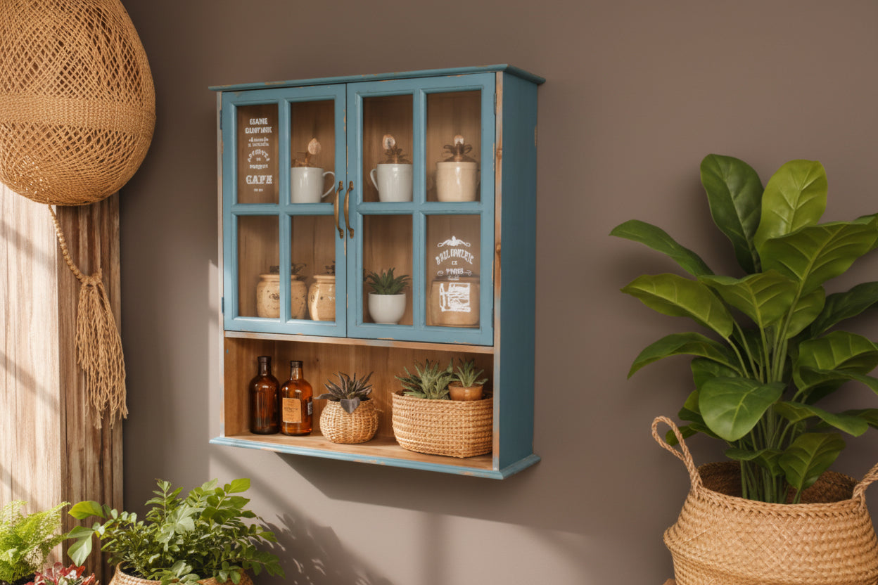 Blue wall cabinet with glass doors displaying various items in a room with plants and decor.