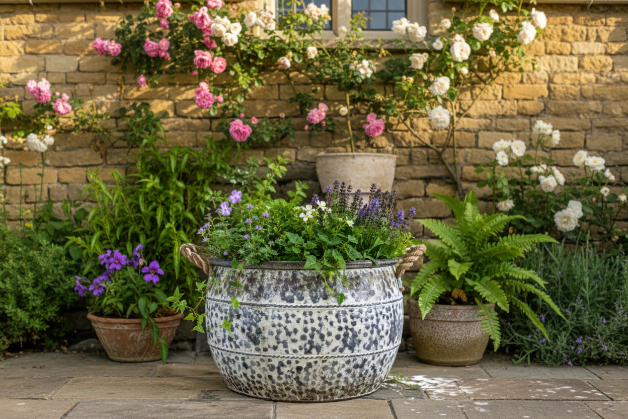 Decorative garden with potted plants and flowers against a stone wall.