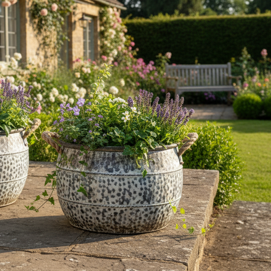 Decorative garden with potted plants and flowers against a stone wall.