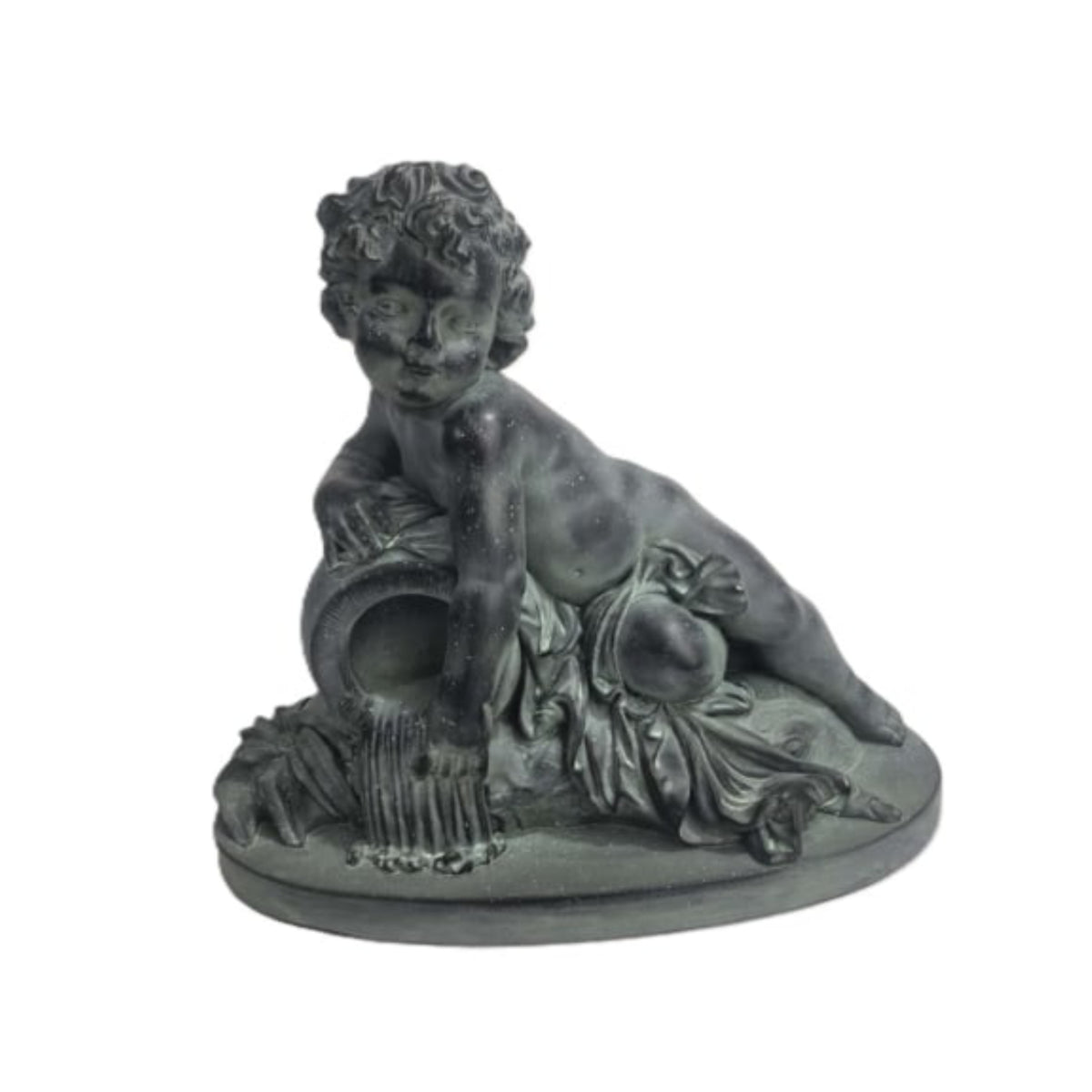 A dark gray resin figurine of a classical nude cherub or putto reclining on a decorative base with draped fabric and fruit details, set against a plain white background.