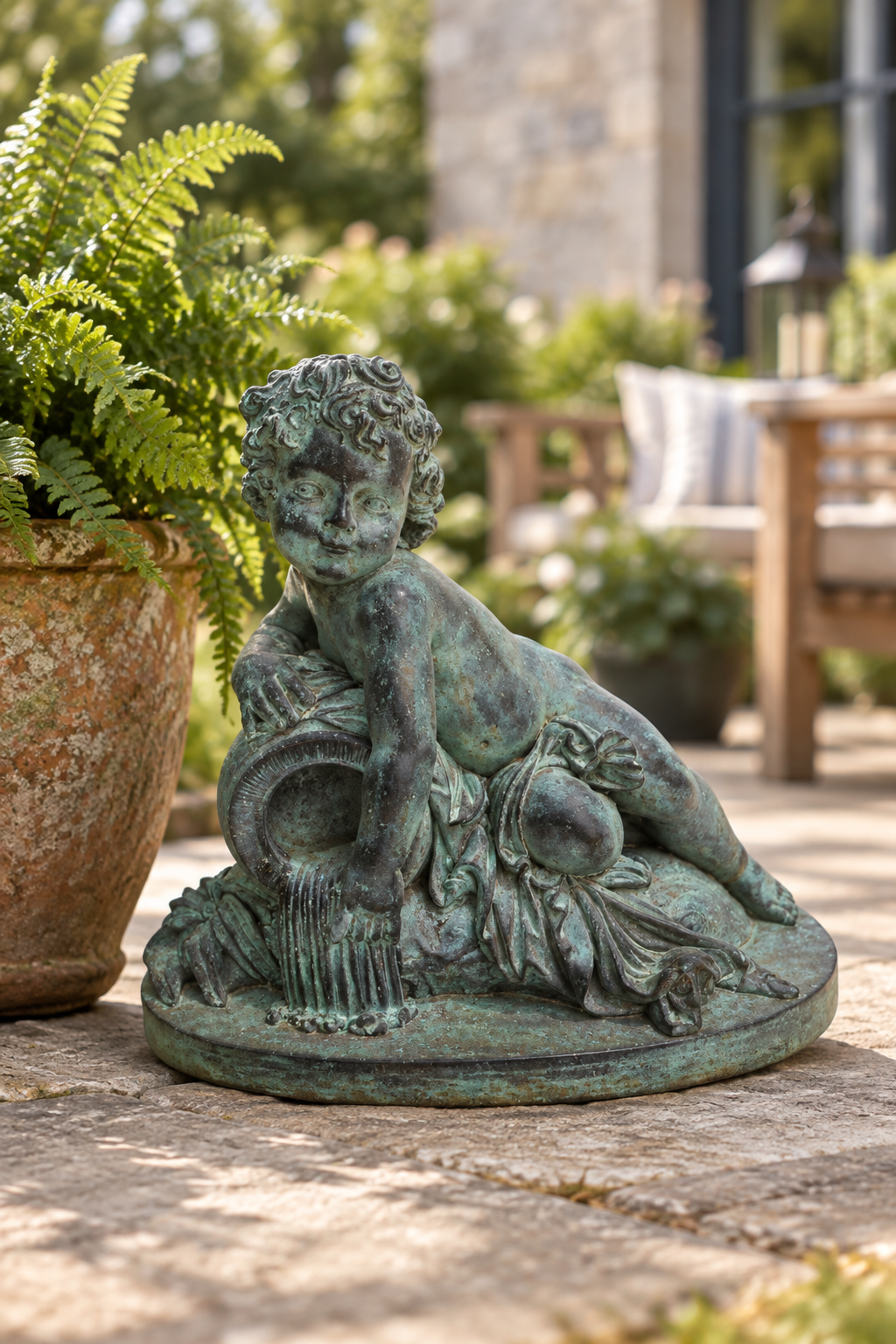 A green patina bronze garden statue of a reclining cherub holding a basket, displayed on a stone patio next to a potted fern.