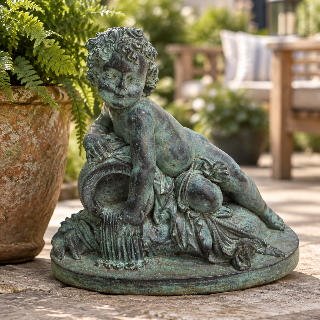 A round outdoor garden statue of a cherub with a green verdigris patina, shown on a stone patio next to a potted fern.