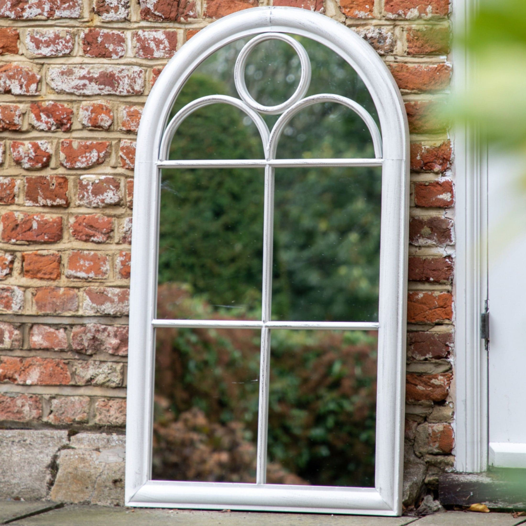Distressed White Arched Outdoor Garden Wall Mirror