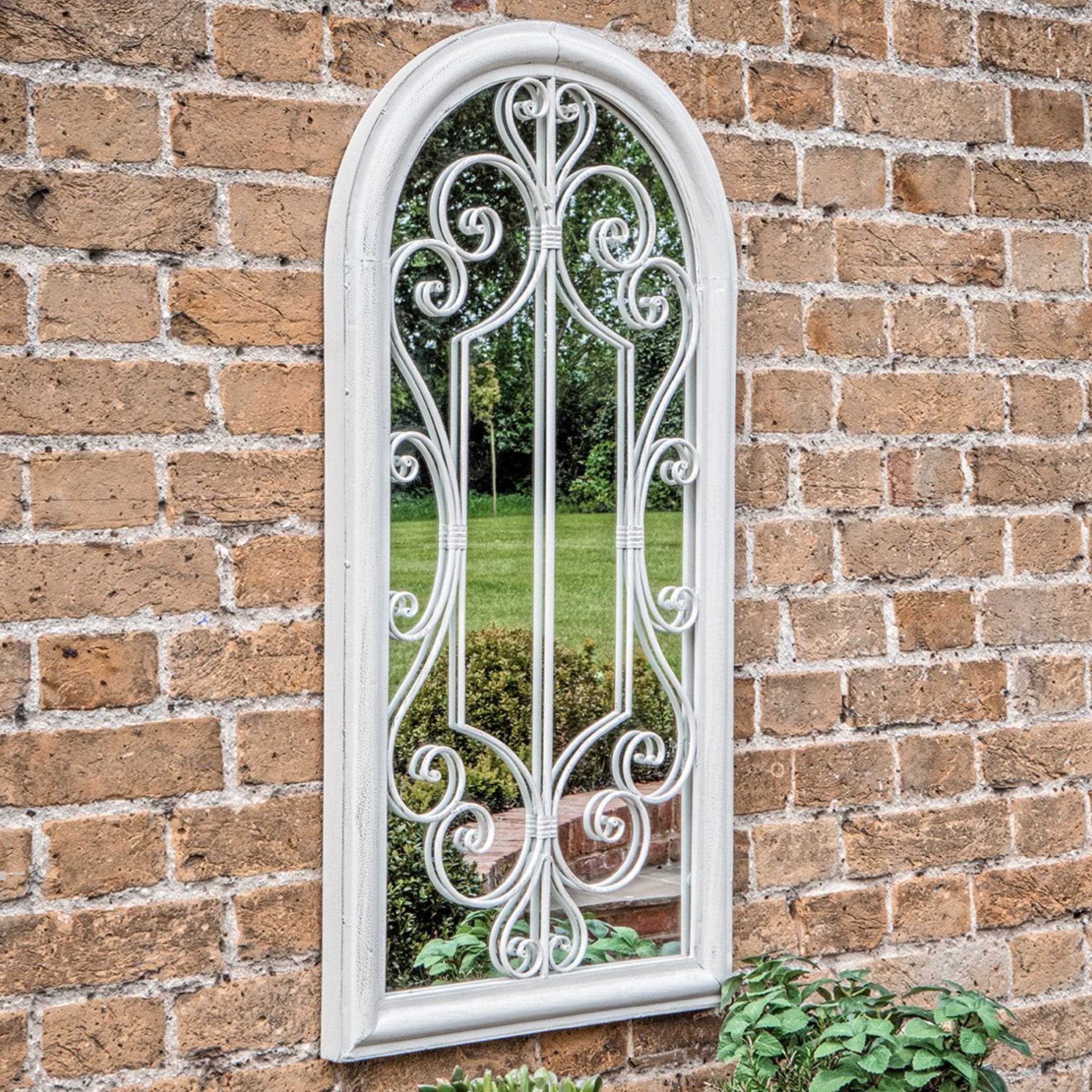 Distressed White Arched Scroll Garden Wall Mirror