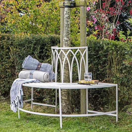 Distressed White Outdoor Semi Circle Tree Bench Seat - The Farthing