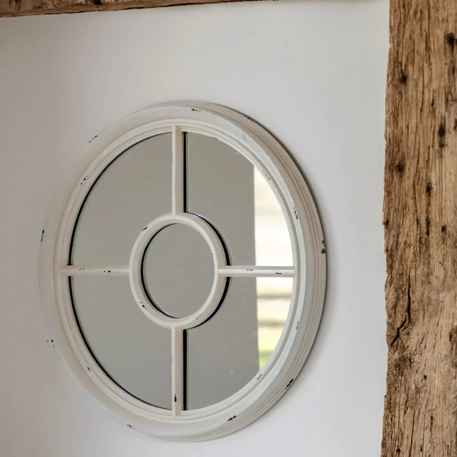 Distressed White Round Window Mirror