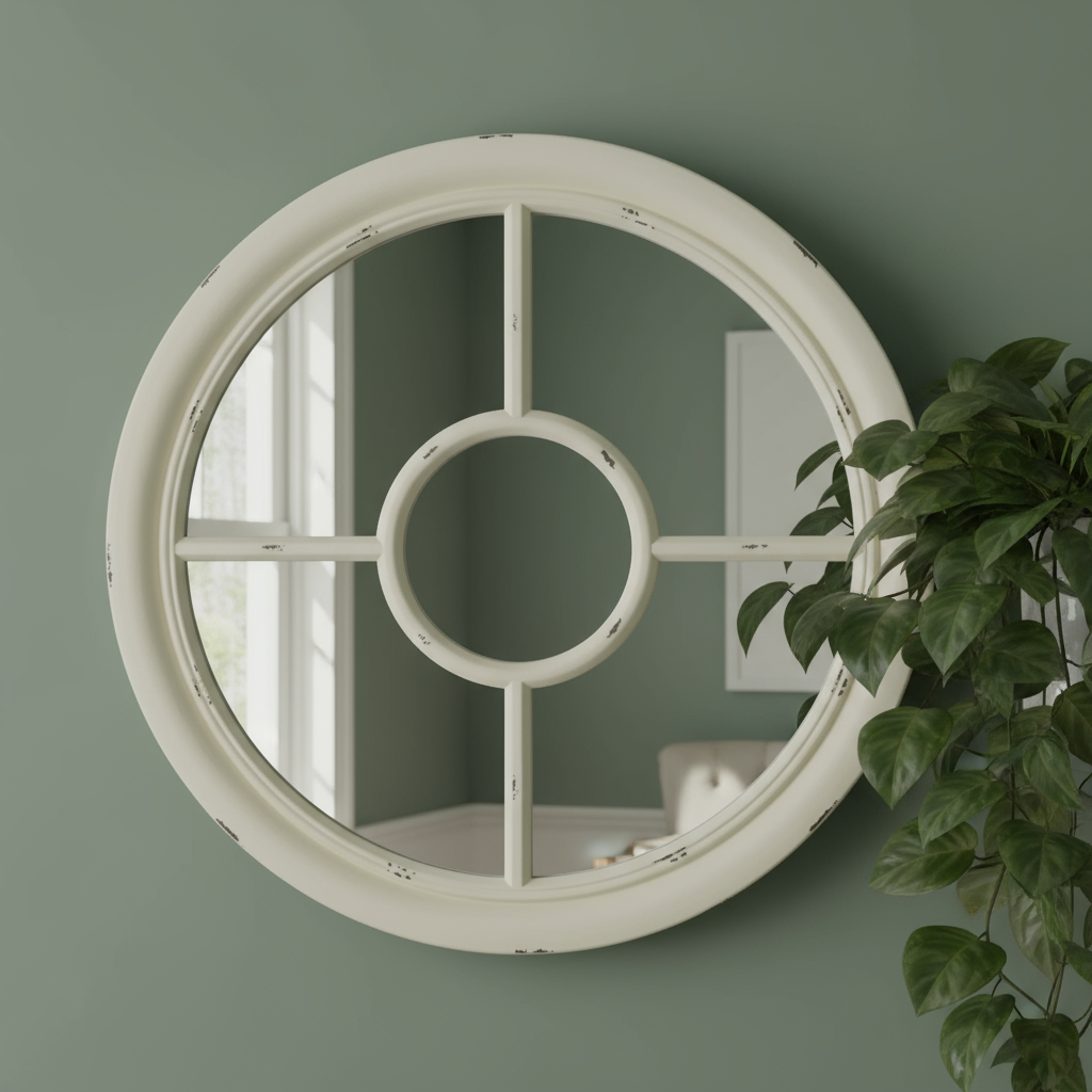 Round decorative mirror with a white frame on a green wall