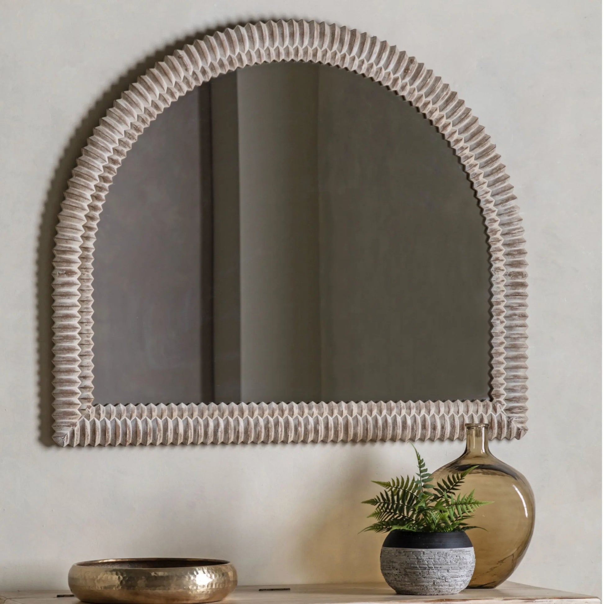 Distressed White Wash Ribbed Arched Mirror